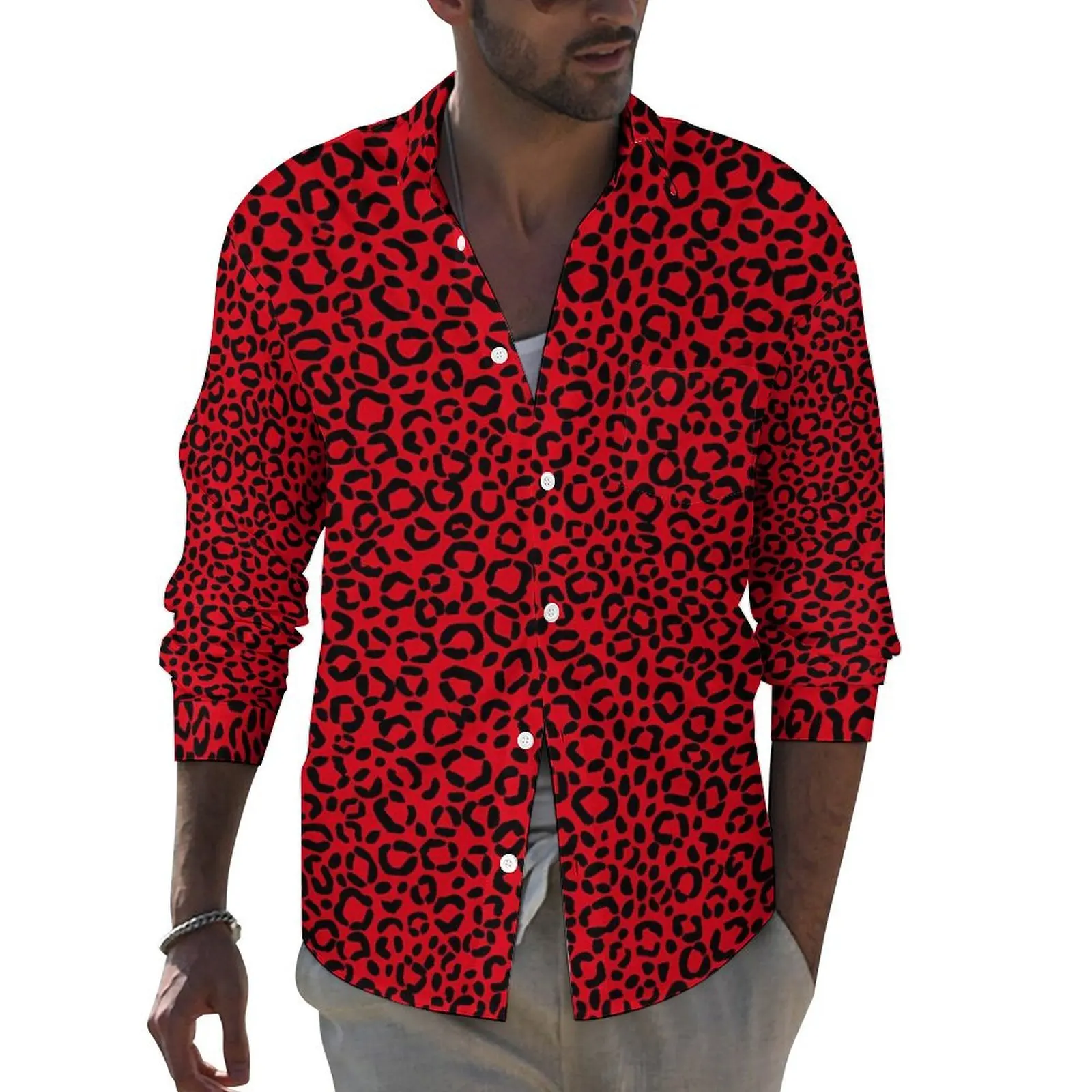 

Leopard Spots Aesthetic Casual Shirt Male Red and Black Shirt Autumn Fashion Blouses Long Sleeve Graphic Oversized Clothing