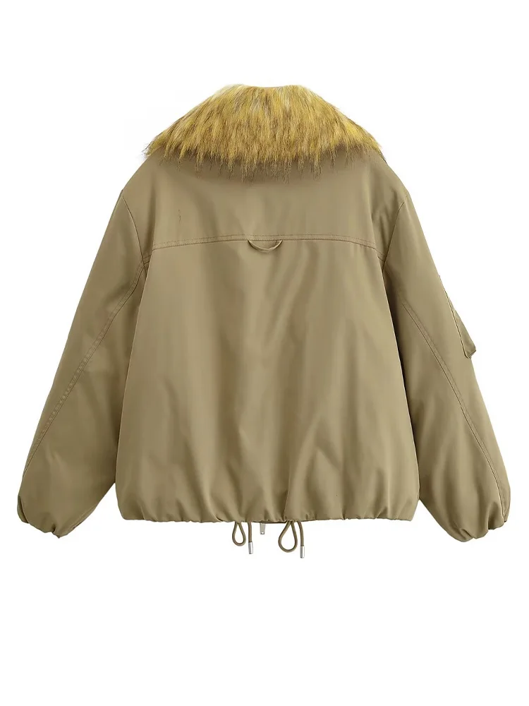 

HH женское пальто с длинными рукавами, свободная молния, съемный меховой воротник, женское теплое двустороннее пальто с лацканами и карманом на шнурке, зимняя хлопковая куртка