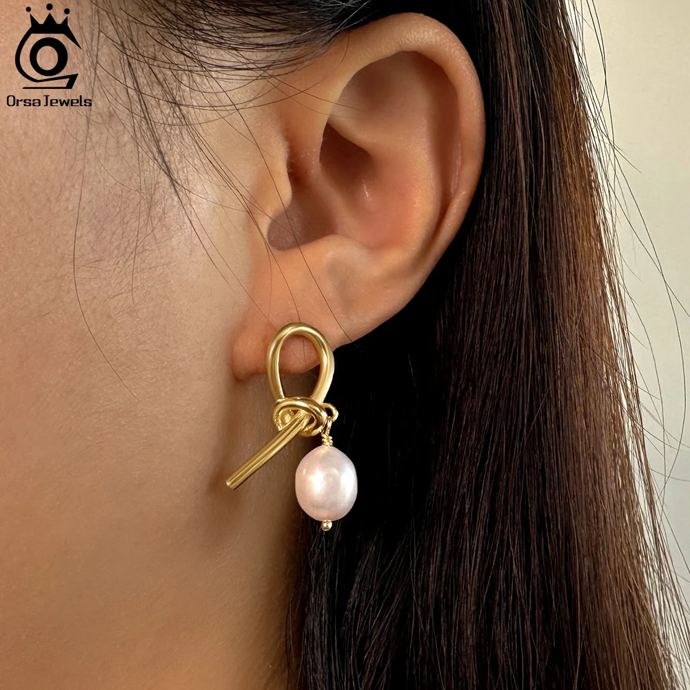ORSA JEWELS Unique 925 Sterling Silver Pearl Earrings for Women 14K Gold 10mm Baroque Pearl Drop Earrings Vintage Jewelry GPE45