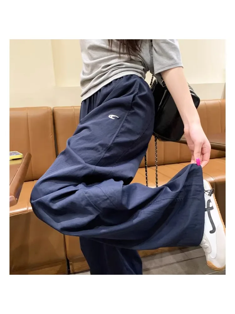 Quick Dry American Style Workwear Pants Women Summer Thin Large Size High Waist Wide Leg Straight Casual Sports Trousers
