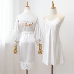 Sexy Lace Bride Bridesmaid Kimono Dresses Robes Women Home Gown Intimate Lingerie Wedding Robe Set Night Sleepwear Bathrobe 2PCS