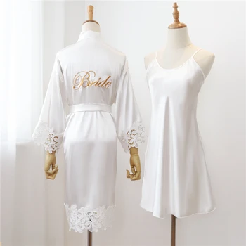 Sexy Kanten Bruid Bruidsmeisje Kimono Jurken Gewaden Vrouwen Huisjurk Intieme Lingerie Trouwjurk Set Nachtkleding Badjas 2 Stuks