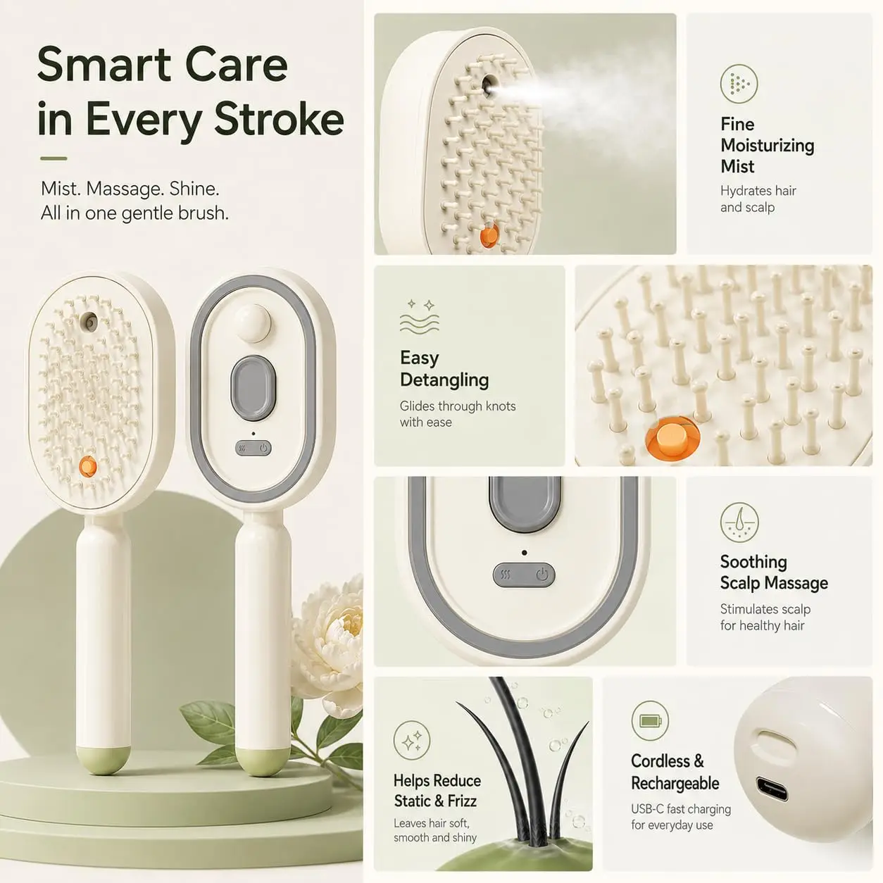 Electric Spray Hair Massage Comb 2in1 Misting Hair Brush With Moisturizing Spray Function Reduce Frizz Anti-Static Self-Cleaning view 3