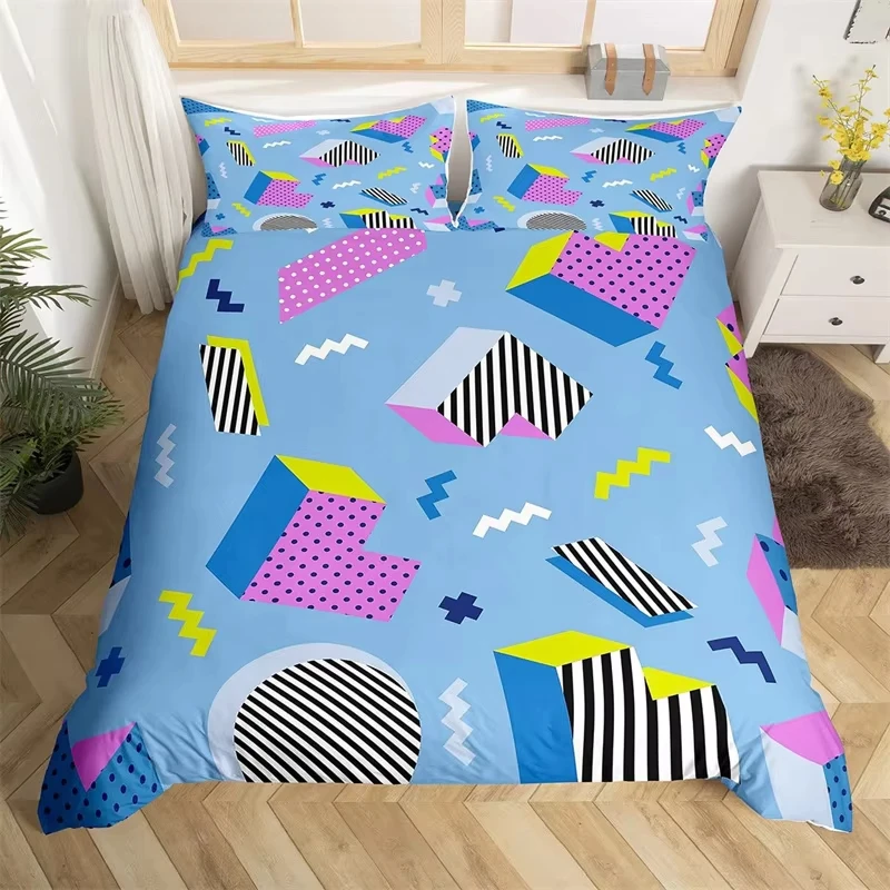 80s 90s Memphis Bedding Set for Girls Boys Abstract Geometric Duvet Cover Retro Fashion Style Comforter Cover Set Room Decor