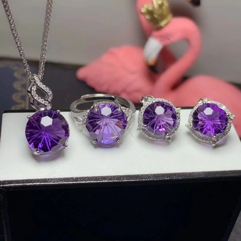 

Fireworks Amethyst 925 Silver Inlaid Open Ring Women Pendant Necklace Set