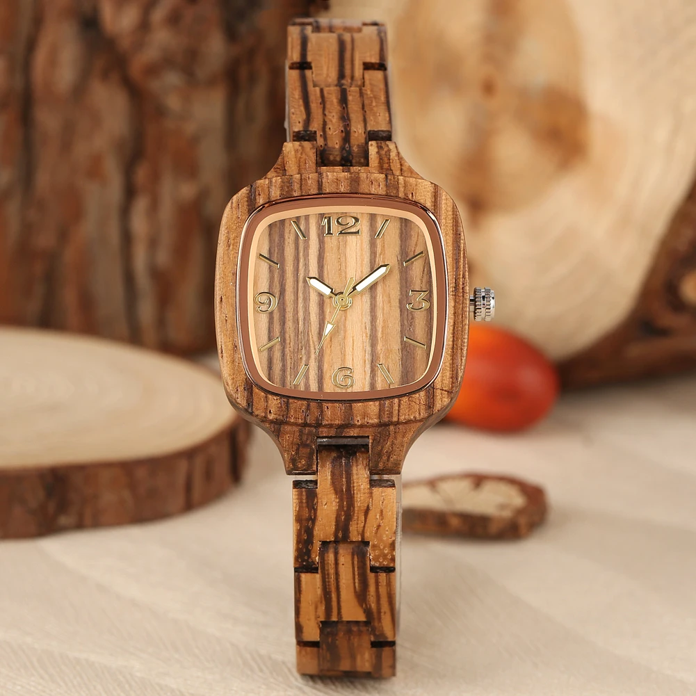 Vintage Zebrawood Women\'s Watch Quartz Analog Square Dial Natural Stylish Lady Wooden Wristwatch Push Button Hidden Clasp