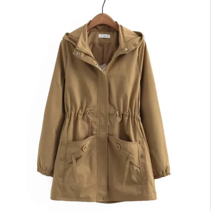 

Fashion Middle-age Women's Trench Coat Hooded Windbreaker Zipper-up Oversize Loose Overcoat Mother Casual Tops Spring Autumn