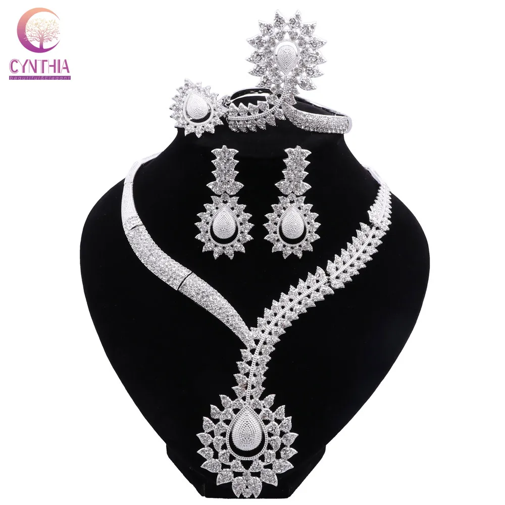 CYNTHIA Dubai Silver Plated Jewelry Sets Women Necklace Earrings Bracelet Ring Pendant Nigeria Bridal Jewelry Wedding Party Gift