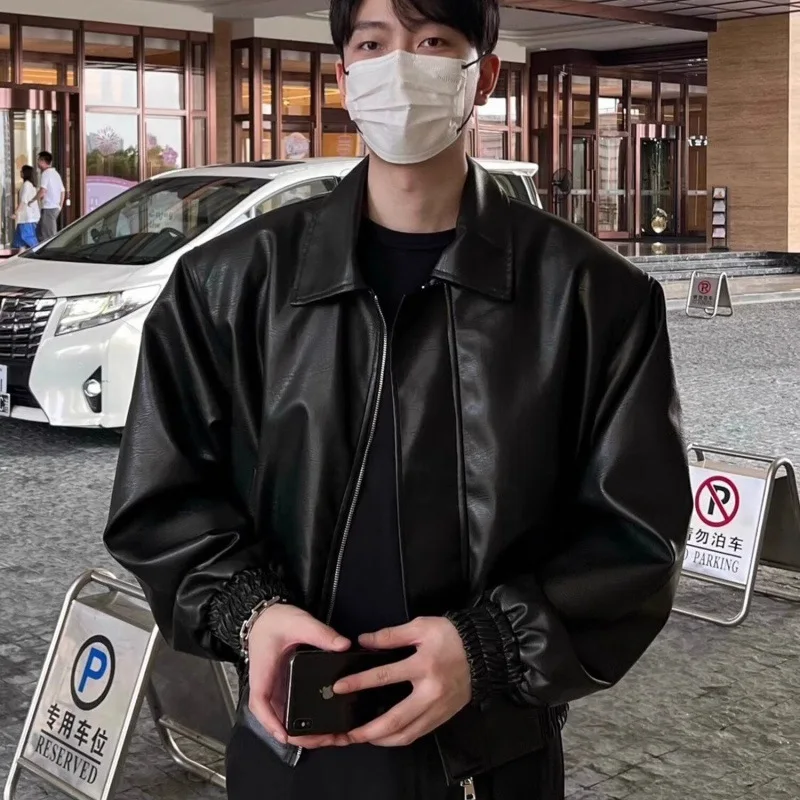 Men Faux Leather Coats PU Solid Jacket Turn Down Collar Long Sleeve Zipper Slight Strech Loose Fit Casual Streetwear 2026 Spring - view 2