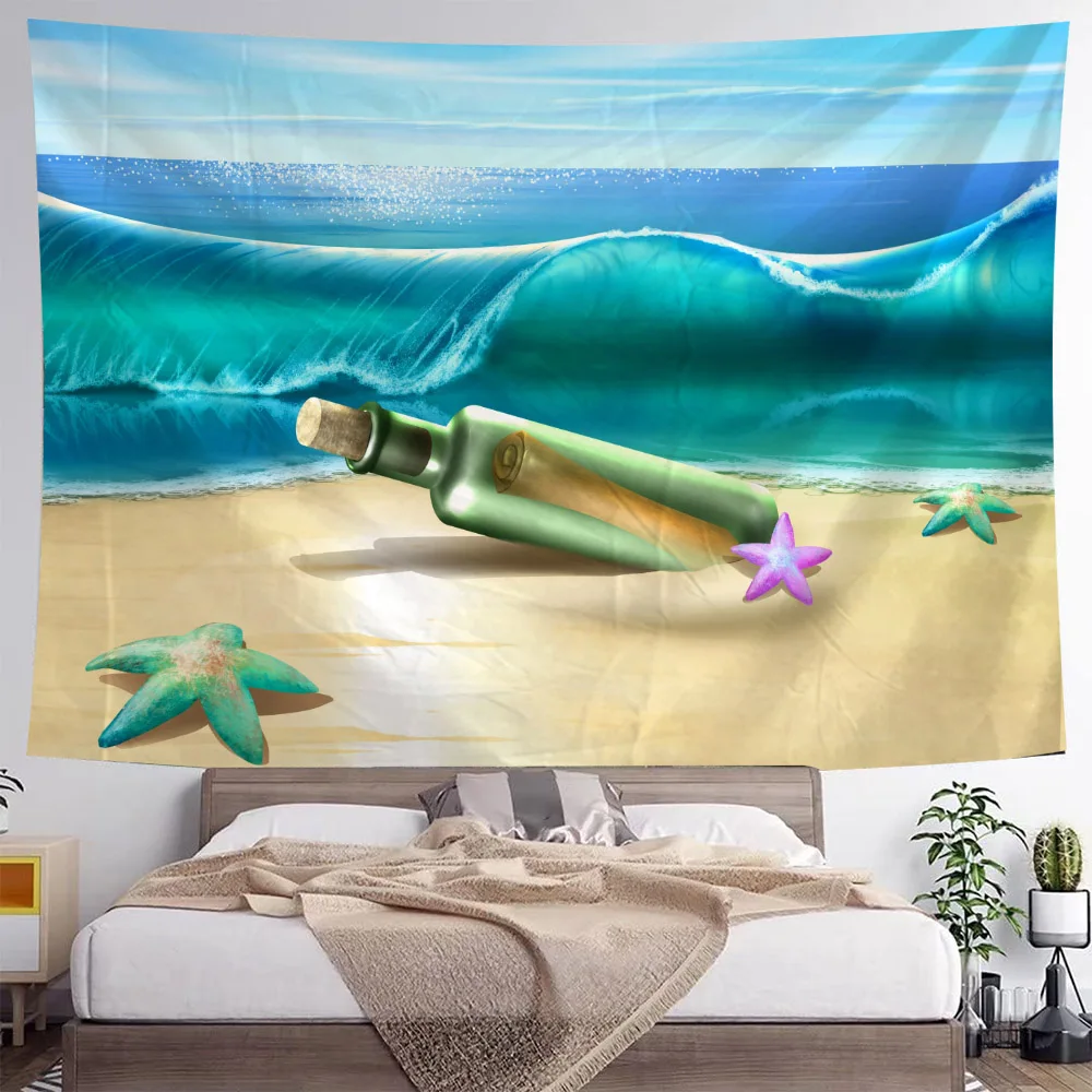 Dreamy Sea View Beach Drifting Bottle Starfish Tapestry Wall Hanging Living Room Aesthetics Home Decoration Starry Sky Ocean Bac