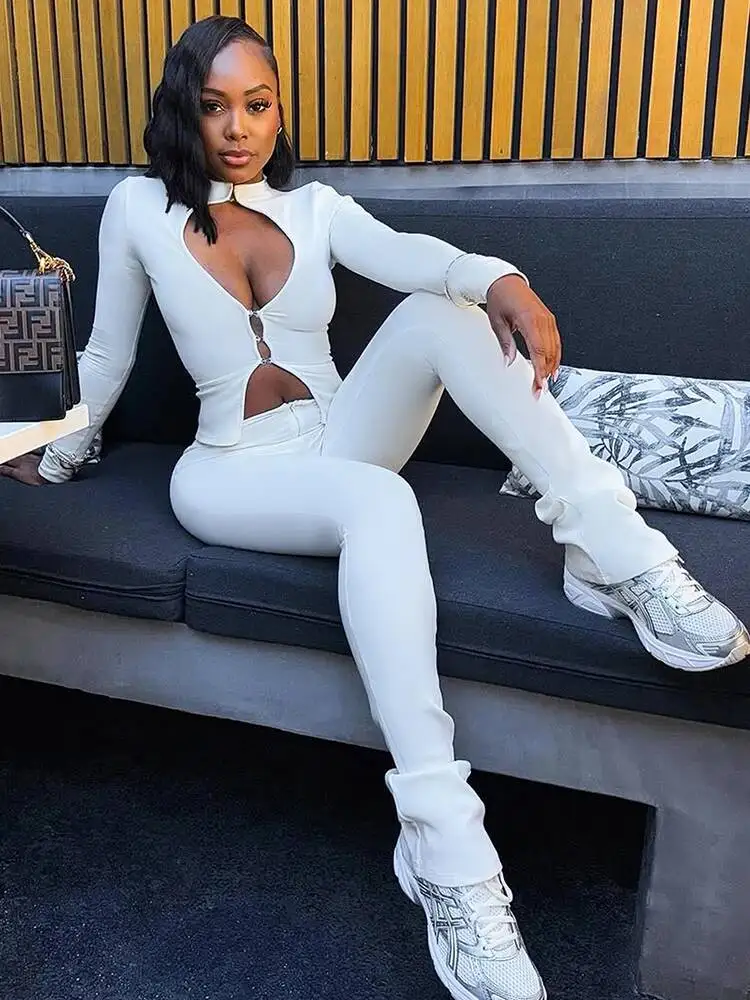 

Weird Puss Sexy Tracksuits 2-Piece Set Women Chest Hollow Long Sleeve Cardigan+Zip Pants Marching Simple Stretch Skinny Clubwear