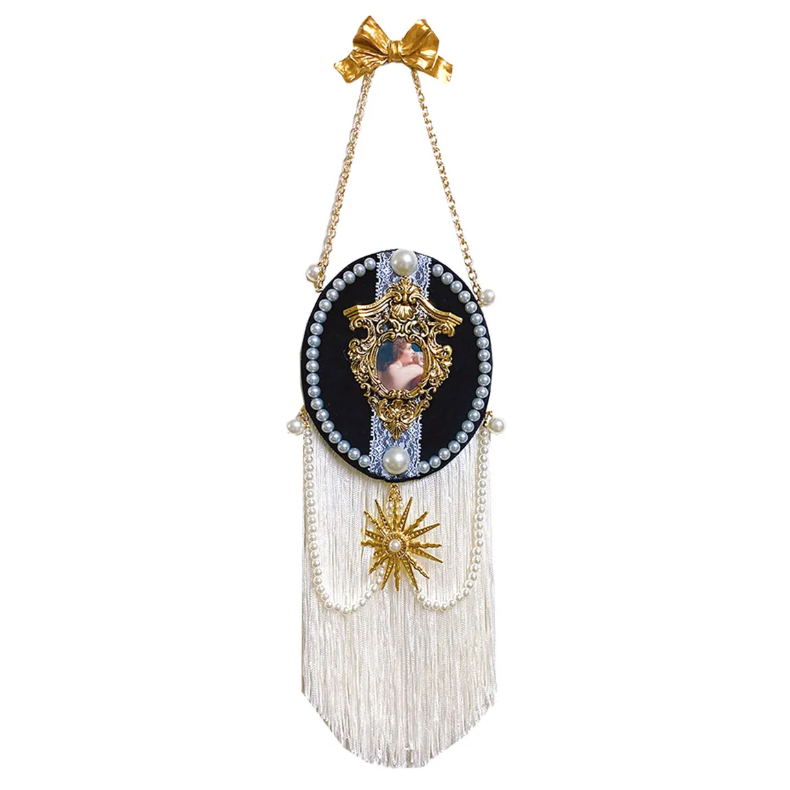 Original European Victorian Hepburn style black velvet tassel pendant, living room decoration painting, sofa hanging painting, w