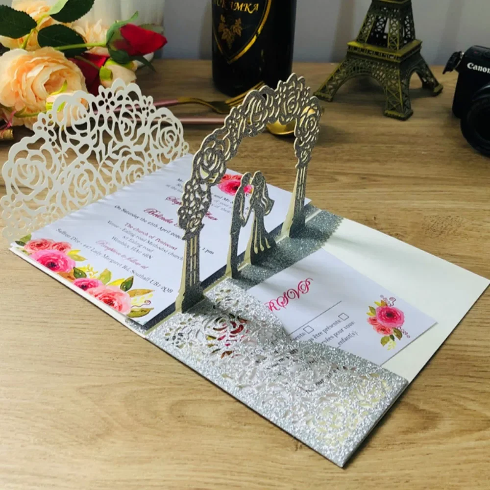 3D Bride and Groom Rose Gold Pop Up Wedding Invitations Laser Cut Greeting Cards Envelope Navy Blue White Pink Greeting Cards