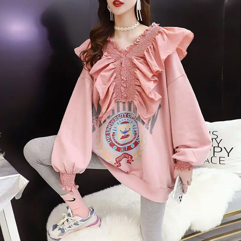 

Patchwork V-neck 2023 New Autumn Thin Long Sleeve Pullovers Pleated Women's Clothing Fashion Loose Printing Hoodies Streetwear