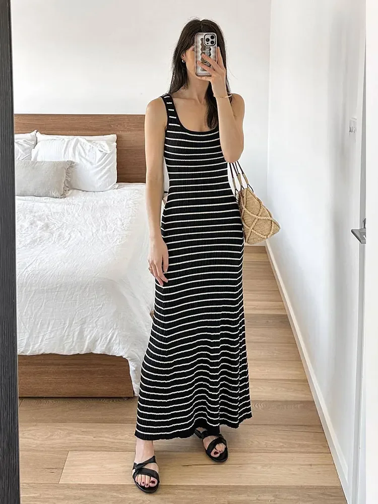 Sexy U-hals Gestreepte Gebreide Strand Maxi Jurk 2024 Vrouwen Mode Streetwear Outfit Boho Vakantie Strand Badpak Cover Up A2766