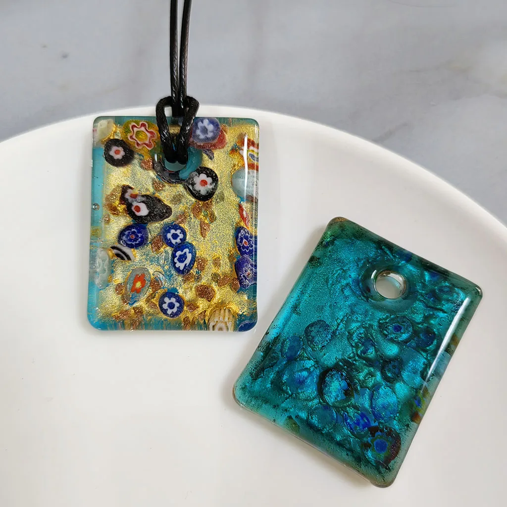 1PCS Red Blue Square Glass Muran Crystal Flower Pendant Necklace For Women Floral Swirl Lampwork Cheap Item With Jewelry