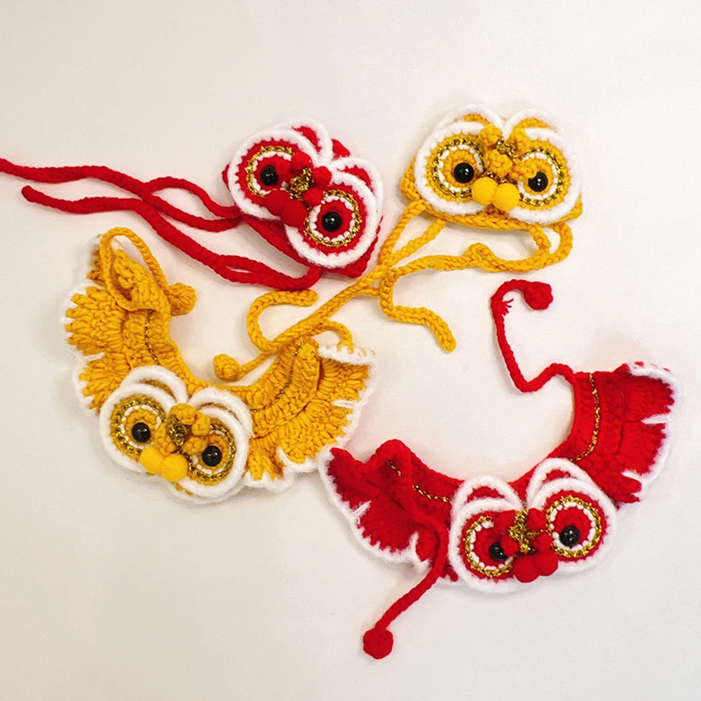 Chinese Style Spring Festival Lion Dance Cat Tie Handmade Warm New Year Pet Collar Blessing Adjustable Cat Knitting Scarf Autumn
