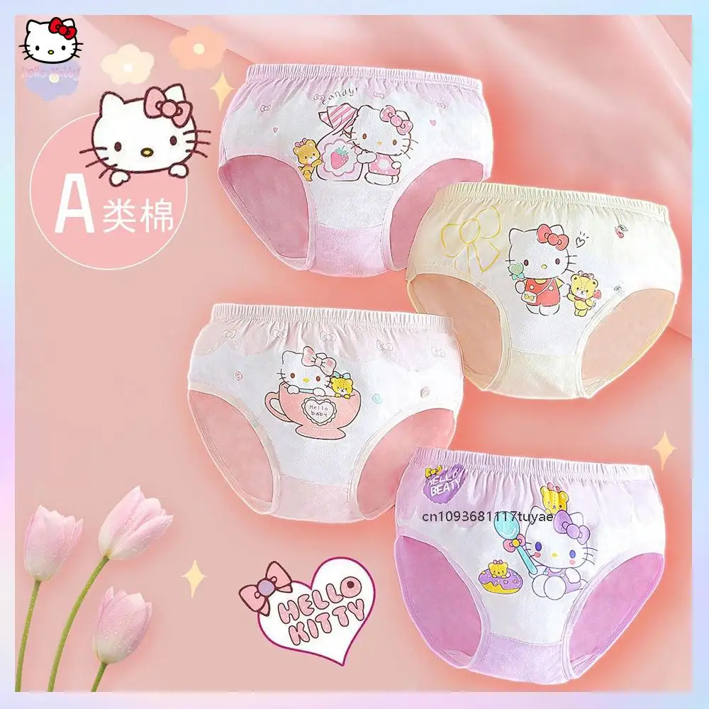

4 шт., нижнее белье для девочек «Hello Kitty», аниме, детские хлопковые трусики Sanrios Kawaii с рисунком, студенческие трусы, треугольные трусы, подарок