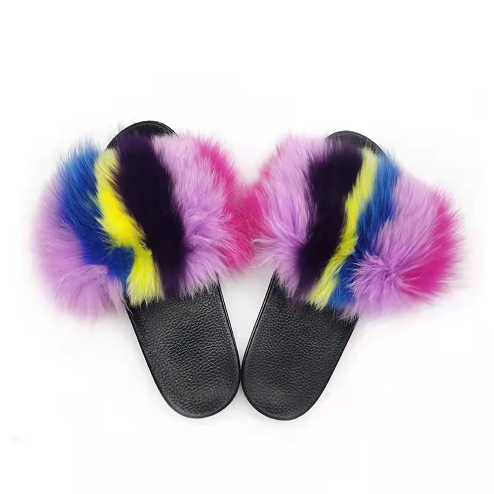 2024 New Women Summer Furry Fur Slippers Flat Non-slip Solid Real Fox Fur Slides Fluffy Slippers Ladies Shoes Women Home Slipper