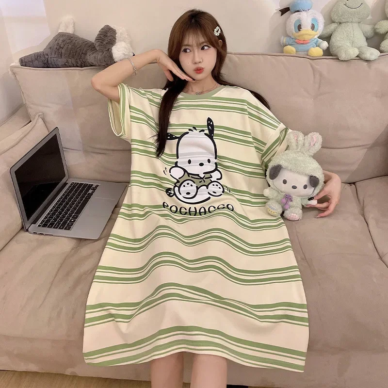 Sanrio hello kitty Nightdress Women's Summer robes Short Sleeve T-Shirt Dress Student Pajamas Mid-Length Home Clothes sleepwear