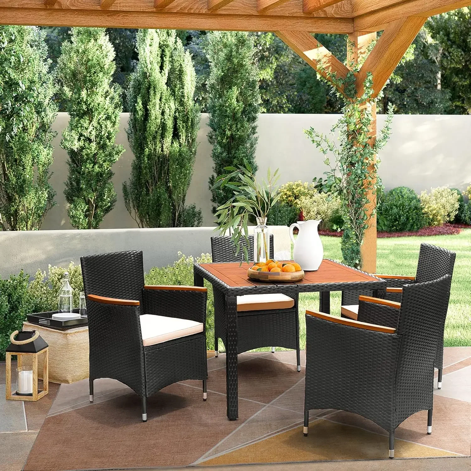 Juego de comedor para patio de 5 piezas, mesa de madera de acacia para exteriores y cojines suaves, muebles de mimbre para terraza, patio trasero, jardín