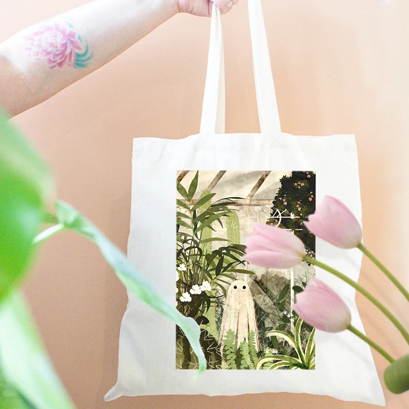 There's A Ghost in The Greenhouse Again Pattern Canvas Tote Bag Best Halloween Gift for Friend Sisters BFF Reusable Shopping Bag