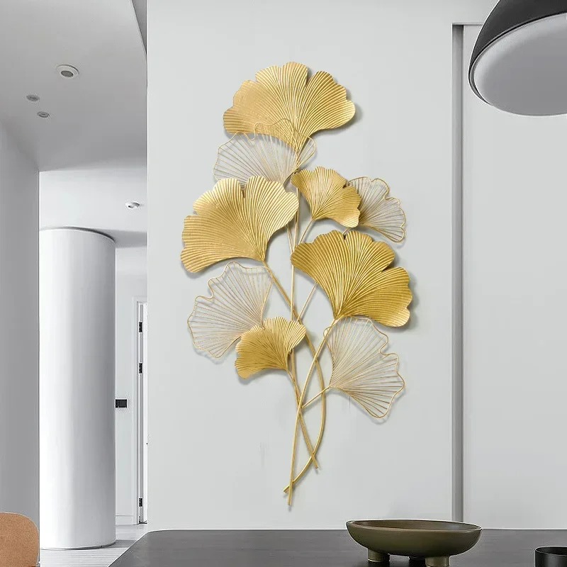 Nordic Gold Wrought Iron Ginkgo Biloba Wall Hanging Living Room Background Wall Entrance Bedroom Wall Decorations