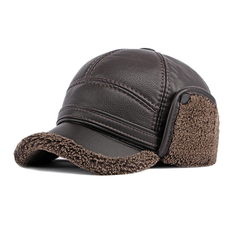 Casquette de baseball en cuir PU pour homme, chapeau de bombardier avec oreillettes, chapeau Trared russe, coupe-vent chaud, elchef du milieu,