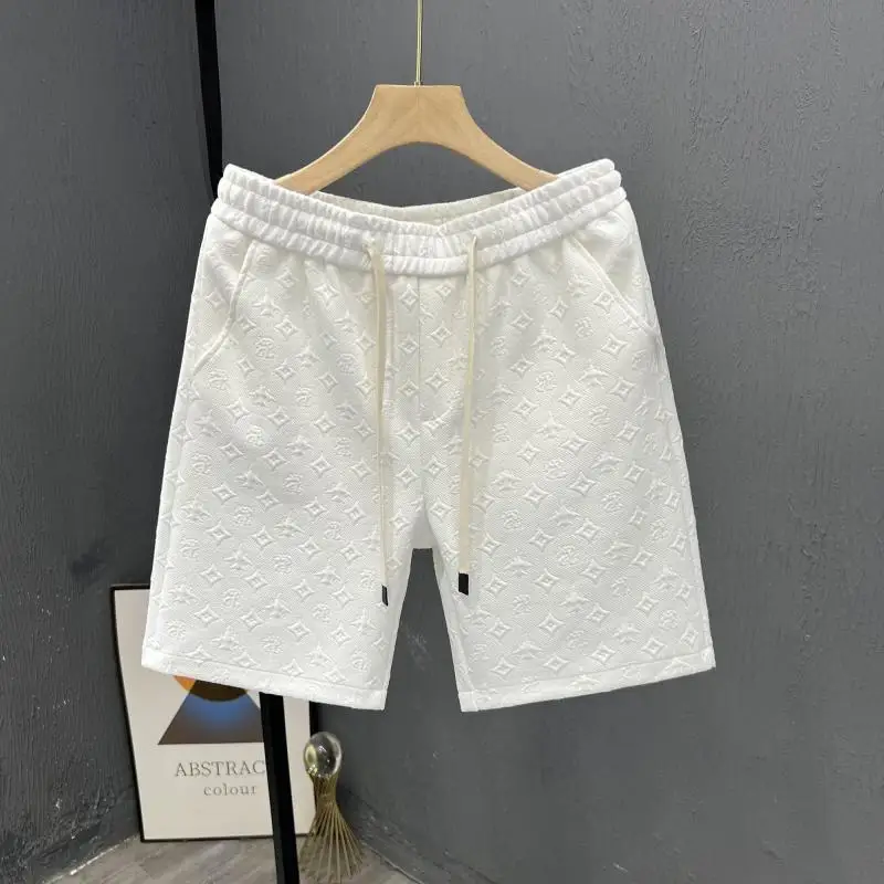 高級ジャカード織メンズビーチパンツショーツ、夏用薄手ストレートレッグパンツ、ゆったり五分丈カジュアルショーツ