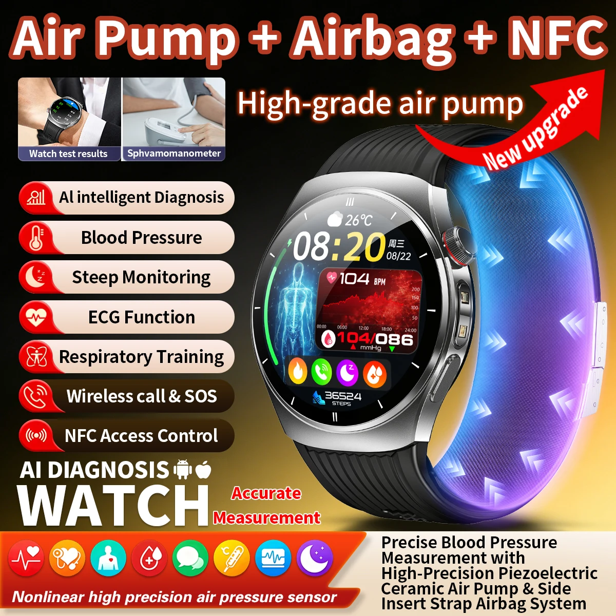 LIGE New Air Pump-Driven Cuff-Type Precision Blood Pressure Monitor Smart Watch ECG Health Monitor 530mAh Big Battery Smartwatch