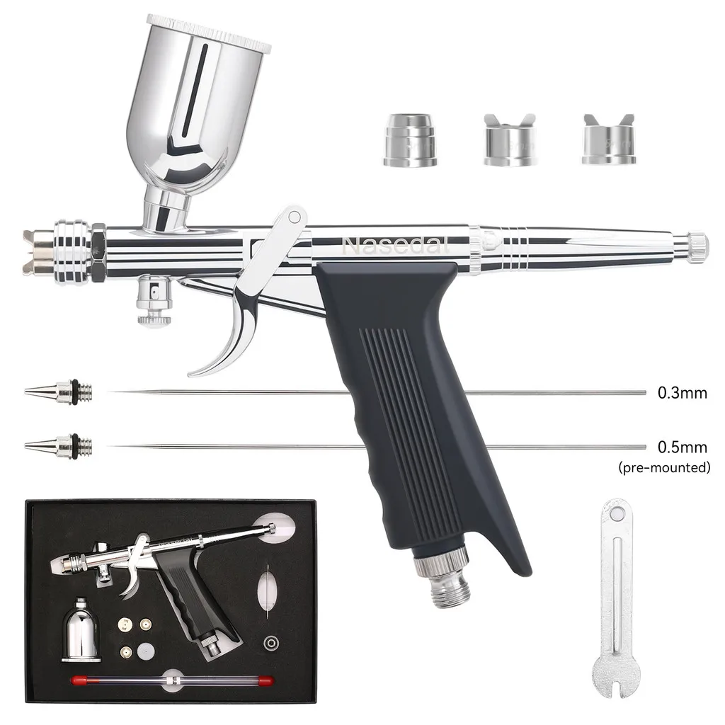 

Nasedal Airbrush 0.3/0.5mm Double Action Gravity Feed Spray Gun for Gunpla Miniature Car Paint High Precision Detail Spray Gun
