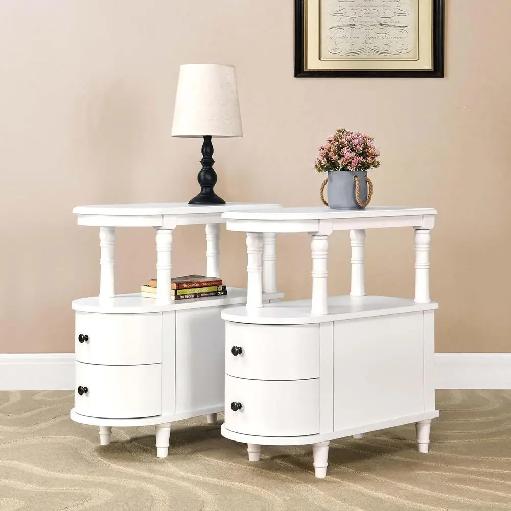 

2 Set o Wood End Table with 2 Ders and Storage Shel, Narrow Soa Side Table or Living Room, Vintage Slim Nightstand Bede Table or