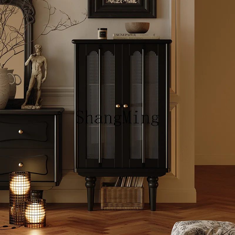 Lemari Anggur Kaca Retro Premium ZYY Hitam Kayu Solid untuk Dinding, Rak Pajangan Samping TV Rumah