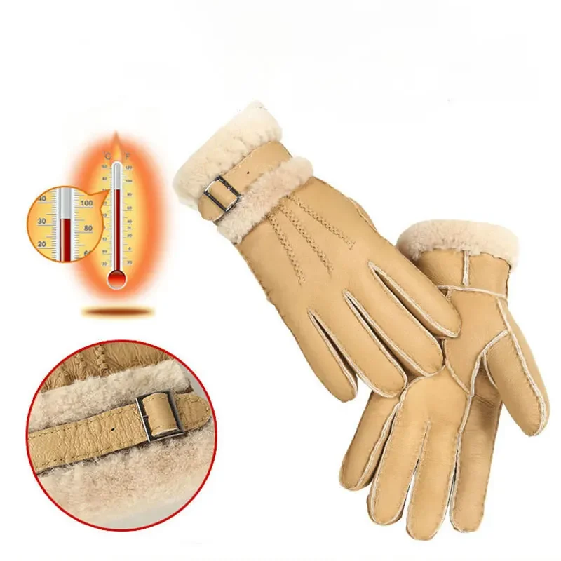 Gants chauds en cuir véritable pour hommes et femmes, mitaines en peau de mouton, fourrure de cachemire véritable, doigt complet, dames, hiver, 100%