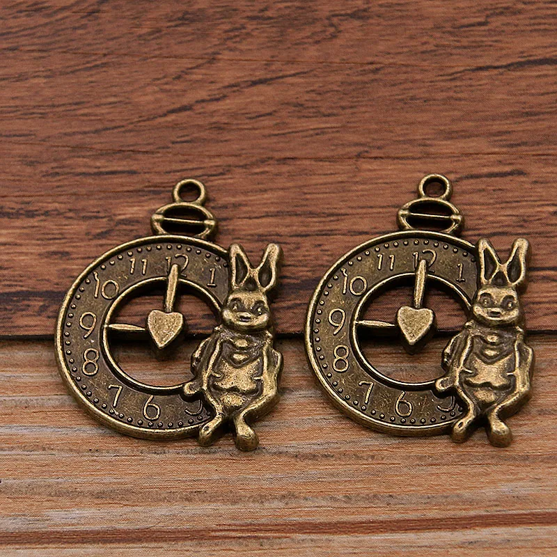 6 PCS 26*33mm 2 Color Vintage Metal Zinc Alloy Rabbit Steampunk Clock Animal Charms For DIY Necklace Bracelet Jewelry Making