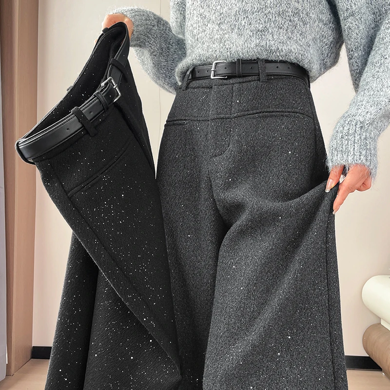 Acetate Wool Wide Leg Pants High Waist Autumn Winter New Style Casual Women's plus Size Pants Comfortable Fit Pocket Detail