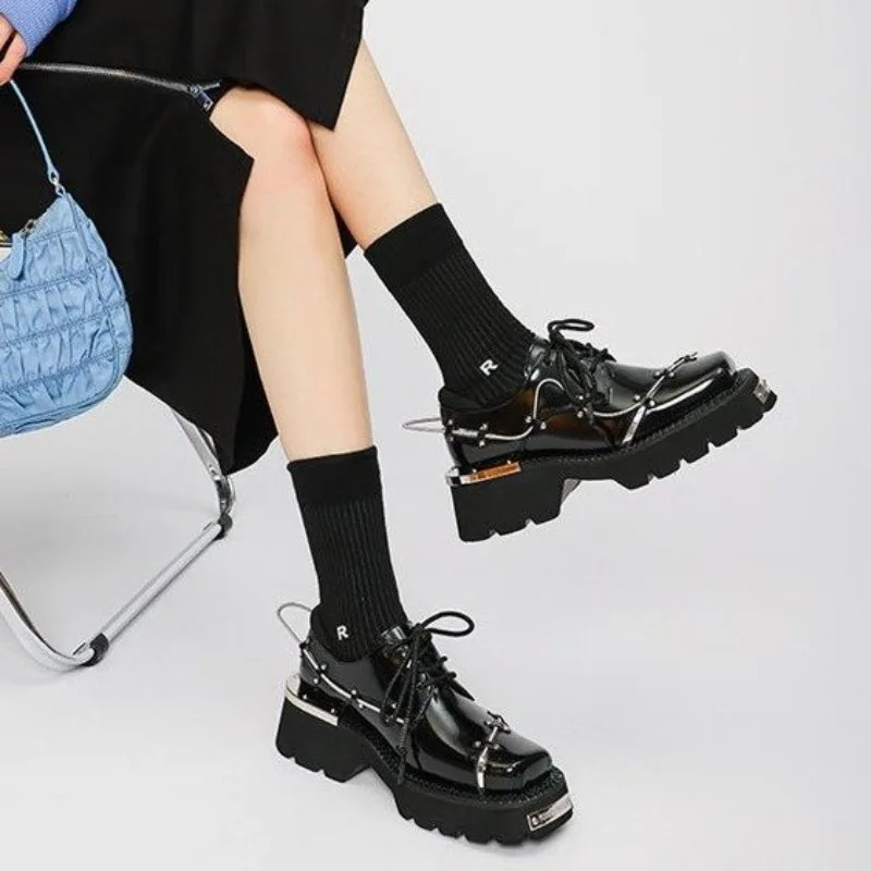 

Women Shoes 2025 Spring Decorated Thick Soled Leather Shoes for Women Black Comfortable Punk Shoes Designer Metal Derby Footwear