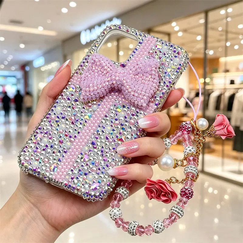 Handmade Diamond Cute Pink Bow Back Cover for IPhone 18 Pro Max 17 16 15Plus 14 13 12Pro 11 Case with Wrist Chain