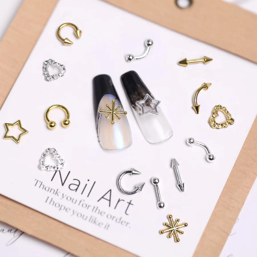 SANANIE 12 Grids 3D Alloy Multi-Style Sliver Gold Color Studs Nail Charms Simple Star Heart Rivets Manicure Art DIY Decorations 5