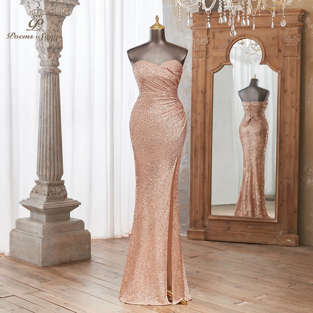 Elegant Rose Gold Mermaid Evening Dress with Sweetheart Neckline High Slit Formal Events Special Occasions Shine Bright