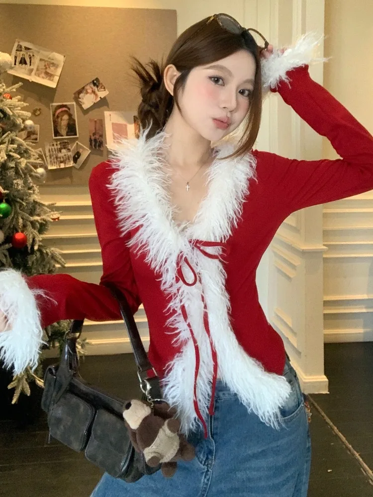 

Sexy Slim Fit Long Sleeve T-Shirt Women's V-neck Belly Bared New Year Red Splice Atmosphere Feeling Korean Style Knitted Top