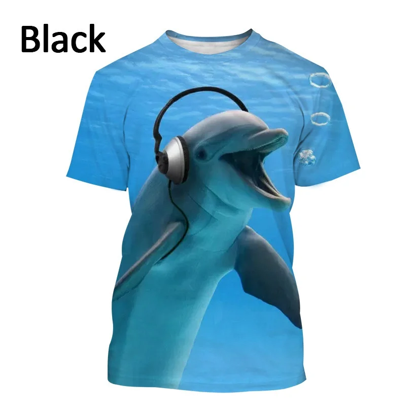 Summer New Animal Funny Dolphin 3D Printing Personality Hip-hop Cartoon Dolphin Unisex Casual Round Neck Sports T-shirt