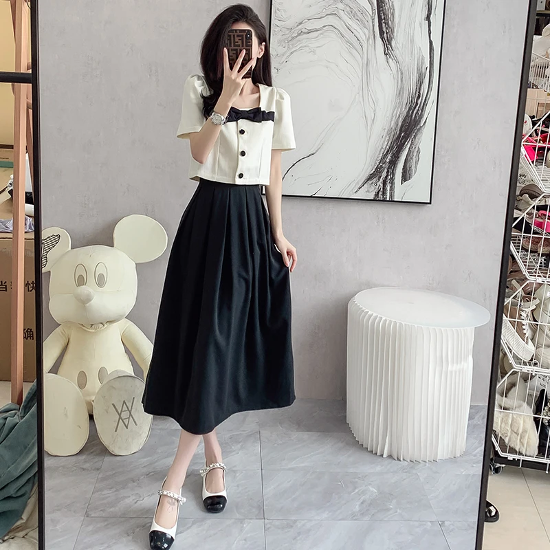 France Small Fragrant Summer Two Piece Set Women Elegant Square Collar Bow Crop Coat+Midi A Line Skirt Suit Ladys Office Outfits