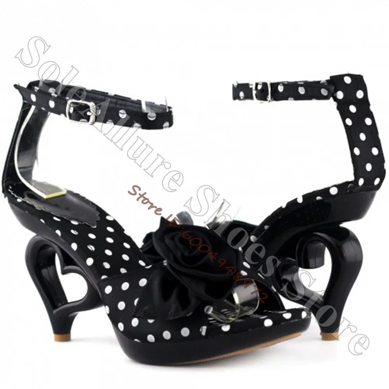 Red Polka Dot High Heel Sandals 3D Rose Flower Decor Hollow Heart Shaped Heel Ankle Strap Buckle Platform Sandals
