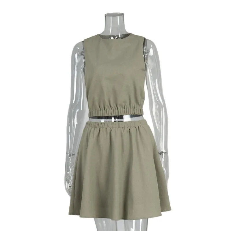 

Crew Neck Vest Pleated Skirt Set 2026 Spring and Summer Cotton and Linen Casual Women's Suit