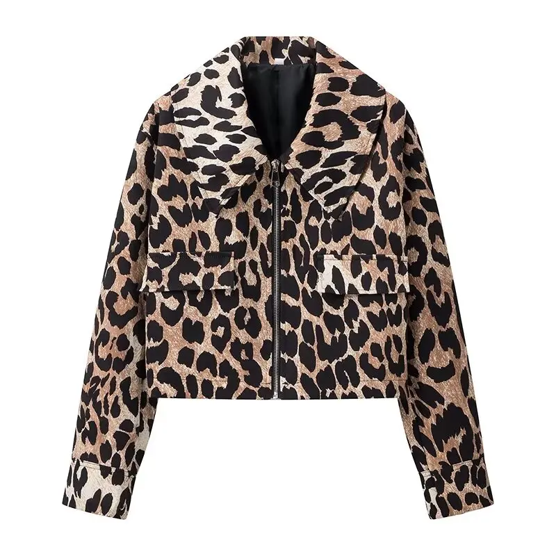 Tangada Women\'s Leopard Crop Jacket Loose Long Sleeves Pocket 2024 Ladies Elegant Oversized Coat JA020