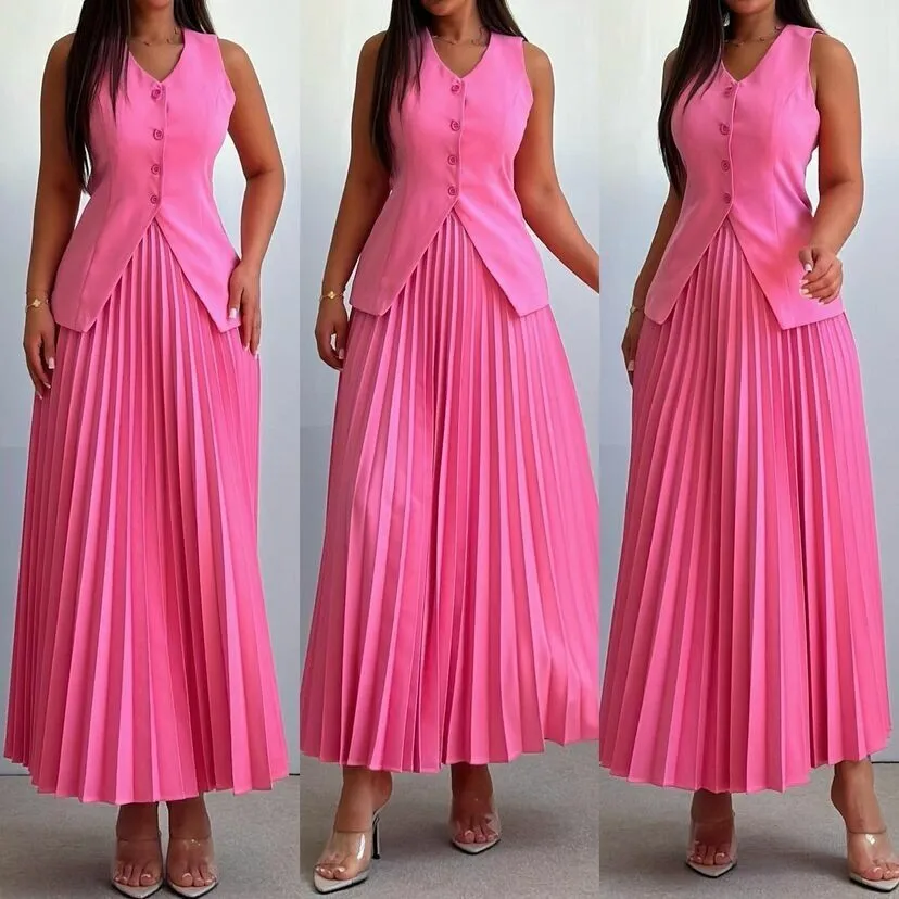 

vest, half Set pleated of women's body long skirt, summer solid color, high-end and elegant women's two-piece set, summer
