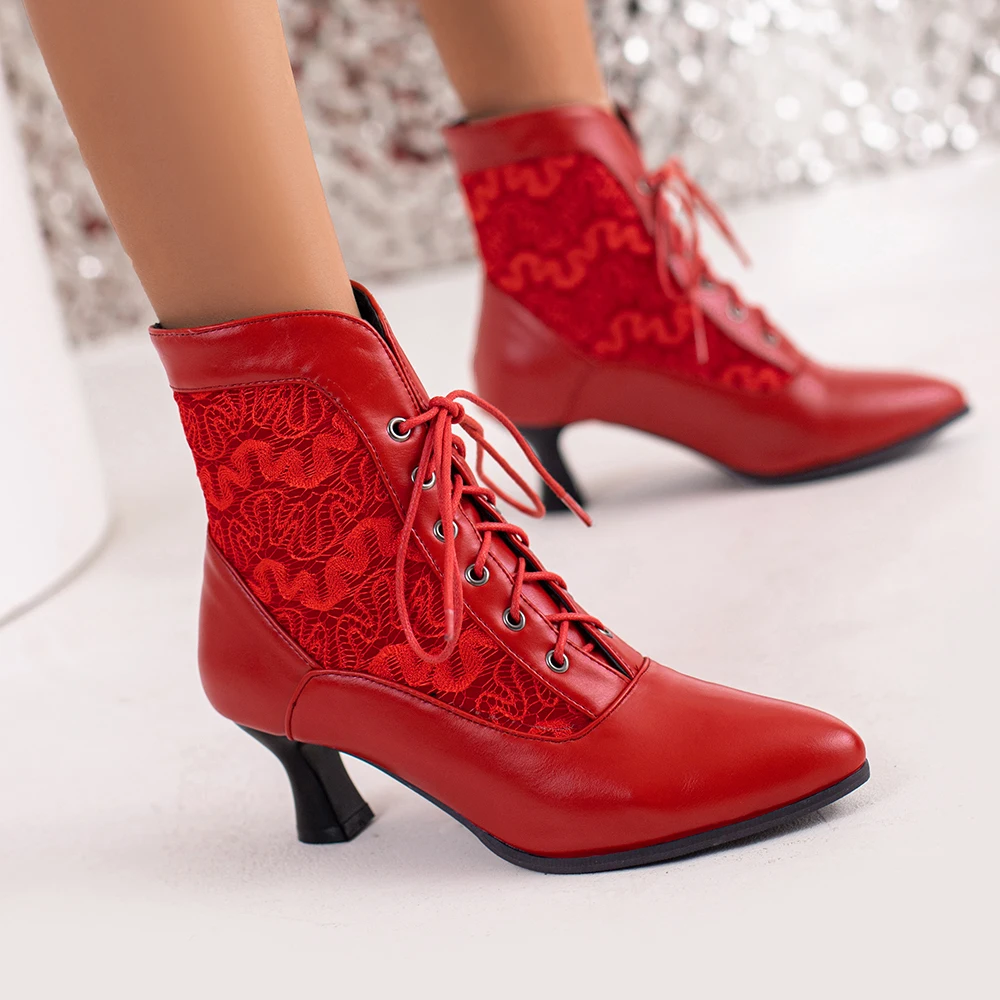 Women Victorian Pointed Toe Ankle Boots Leather Lace Hollow Out Punk Lace Up Strange Steampunk High Heel Shoes Plus Size 32-46