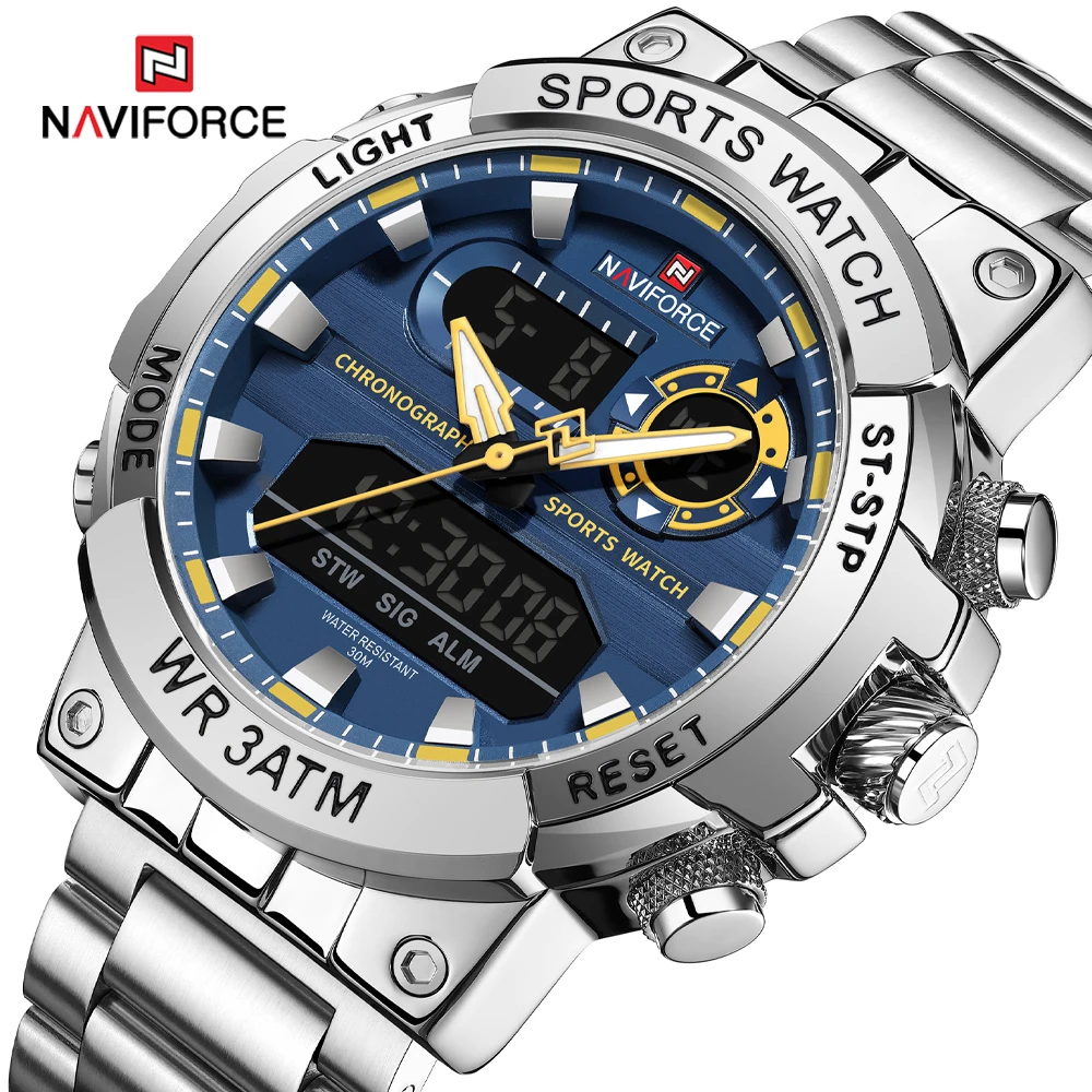 NAVIFORCE Digital Quartz Watch for Men Waterproof Luminous Date Stainless Steel Wristwatch Chronograph Man Watch Sports Watches