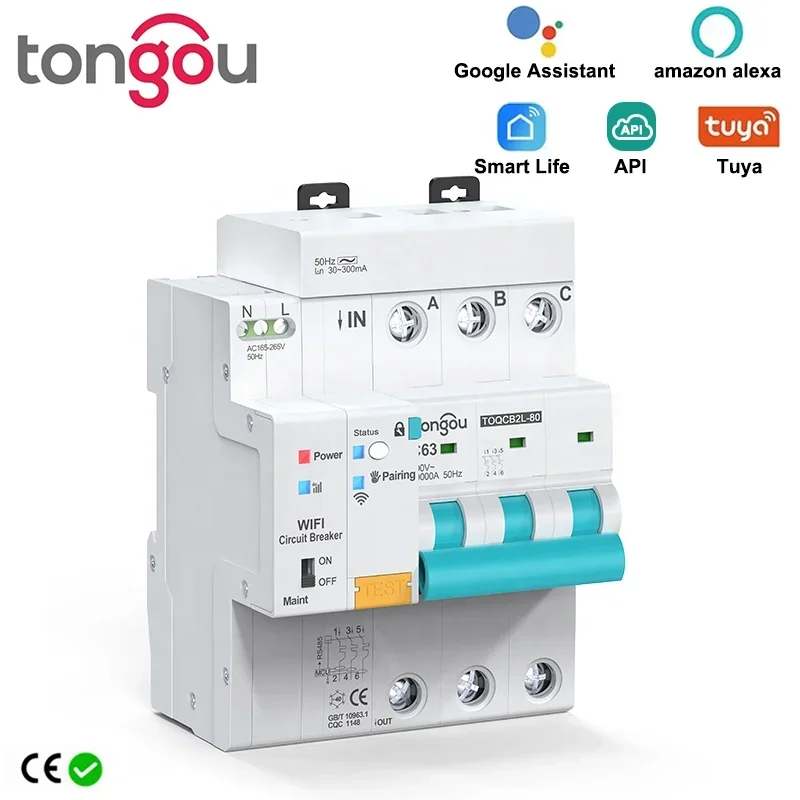 API Tuya WiFi RCBO Metering Circuit Breaker Smart Life Timer 2P 3P 4P Fernbedienung Automatische drahtlose Schalter TONGOU